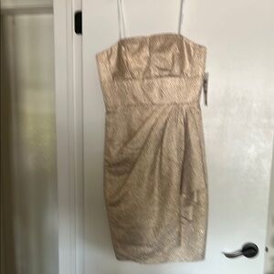 Maggy London Gold Strapless Sheath Dress with Pleated Details
